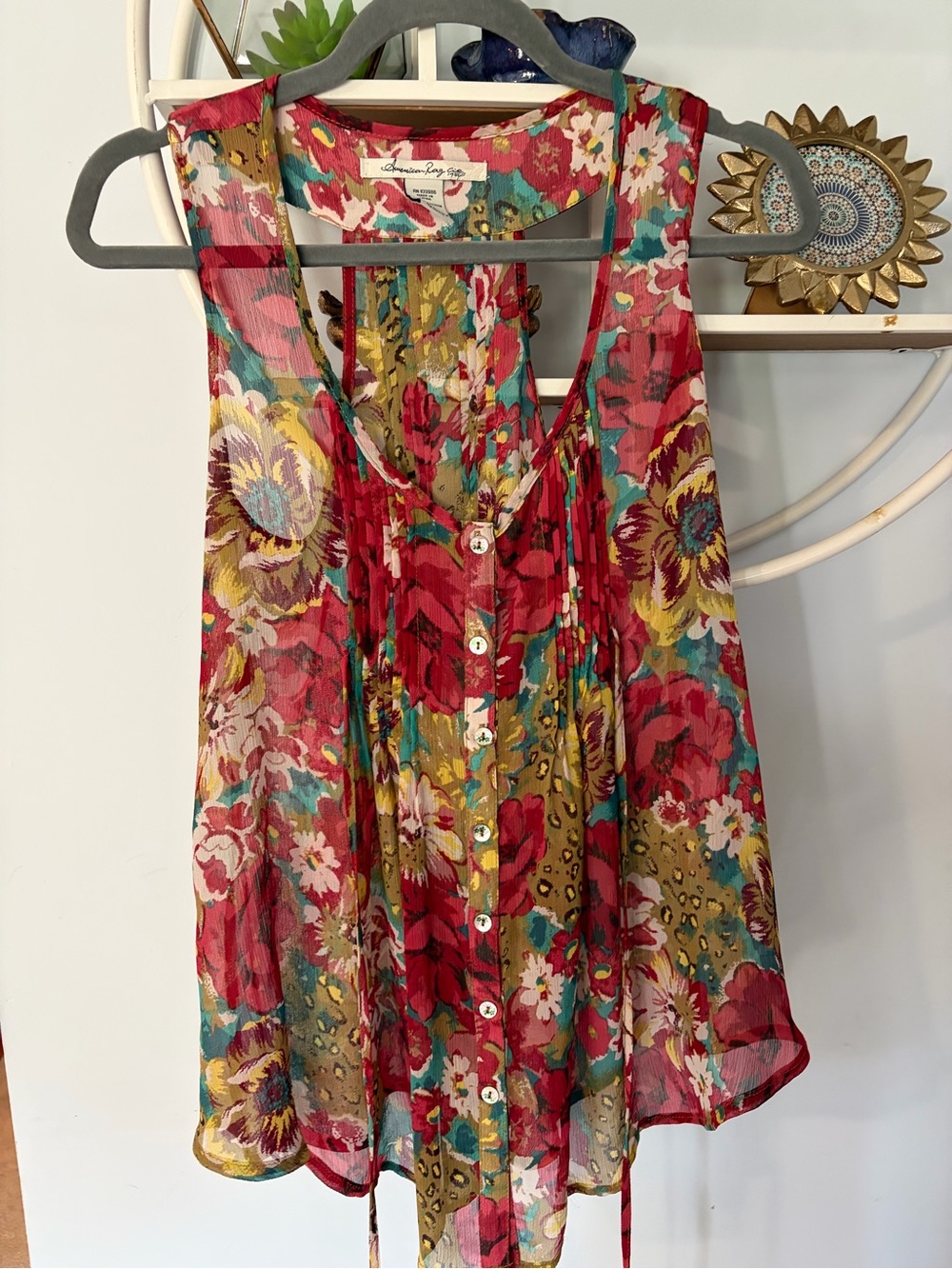 American Rag Red Multi Floral Sheer Button Tank